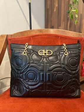 Salvatore Ferragamo Black Quilted Gancini Leather Tote with Gold Chain